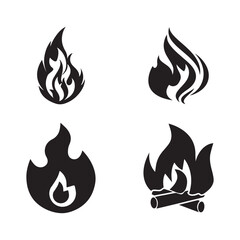 Black fire icon set isolated on white background, flame symbols for safety signage, energy logos, camping illustrations