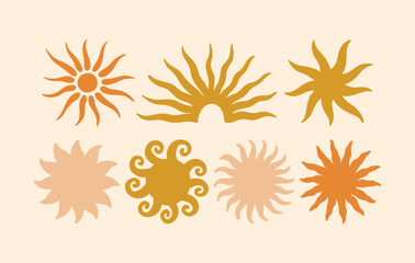 Retro Groovy Sun Naive Icon Set. Abstract Wavy Ray Logo in Trendy 70s Style. Boho Colorful Groovy Sun Psychedelic Vintage Background. Graphic Fun Hippie Poster. Abstract Summer Geometric Logo Template