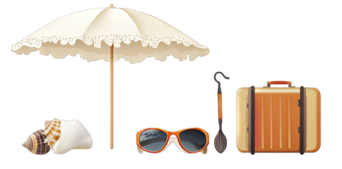 a beach-themed arrangement including a decorative umbrella seashells sunglasses a suitcase and a beach shovel symbolizing relaxation and travel
