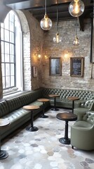 Cozy, industrial-chic lounge area with large windows