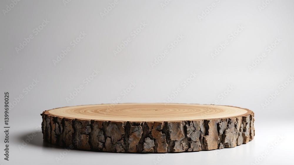 Poster wooden tree circle stump platform podium on white background. minimal empty display product presenta
