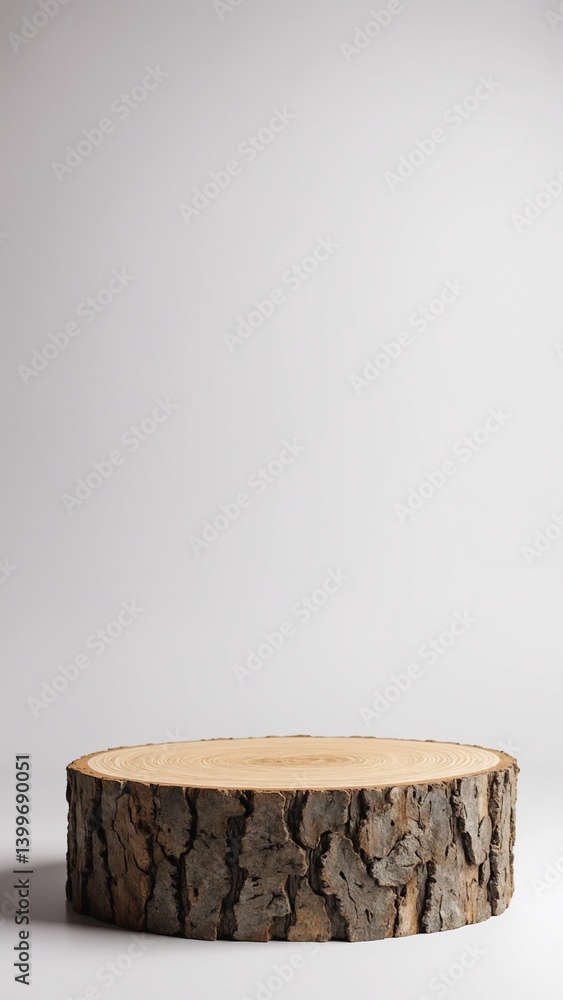 Poster Wooden tree circle stump platform podium on white background. Minimal empty display product presentation scene