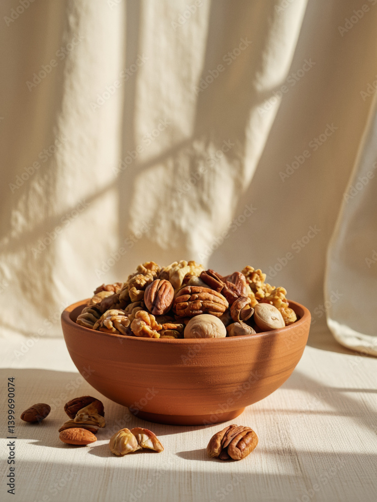 Poster everyday objects - for downstream advertisement and design: a rustic earthenware bowl overflows with