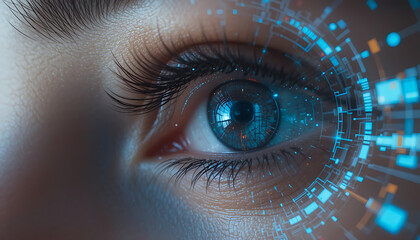 Eye with Digital Overlay: Futuristic Vision, Technology Interface.