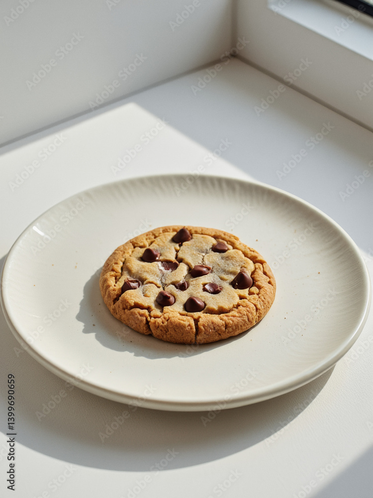 Poster everyday objects - for downstream advertisement and design: a single chocolate chip cookie sits on a