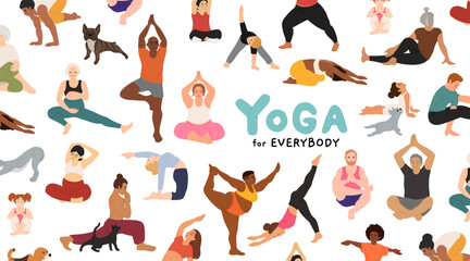 People doing yoga flat vector illustrations set. Male and female cartoon characters exercising. Diverse Men and women practicing Asana. Senior, prenatal, pets yoga. Physical activity, workout