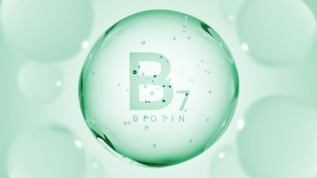 A green glossy sphere with vitamin B7. Biotin pill capsule. Abstract 3D bubble drop background