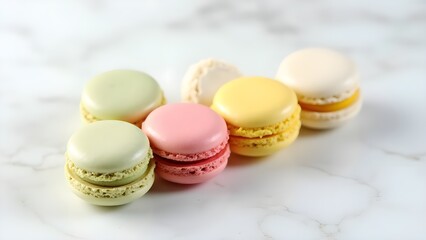 Colorful French macarons on marble background, perfect for patisserie marketing and dessert menus
