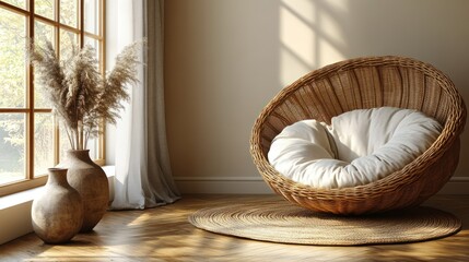 Cozy wicker chair in a sunlit room with boho decor