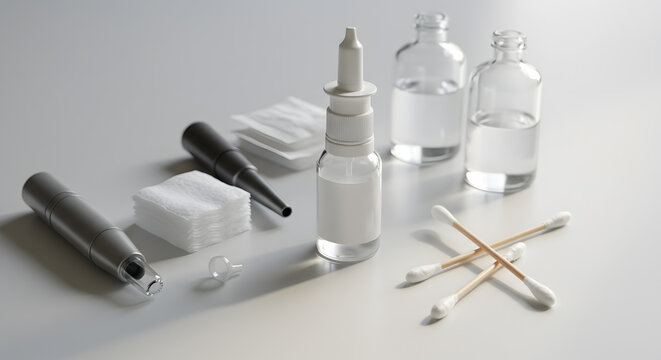 Sterile Medical Supplies Arrangement: Nasal Spray, Cotton Swabs, and Micro-needling Devices on a Clean Surface
