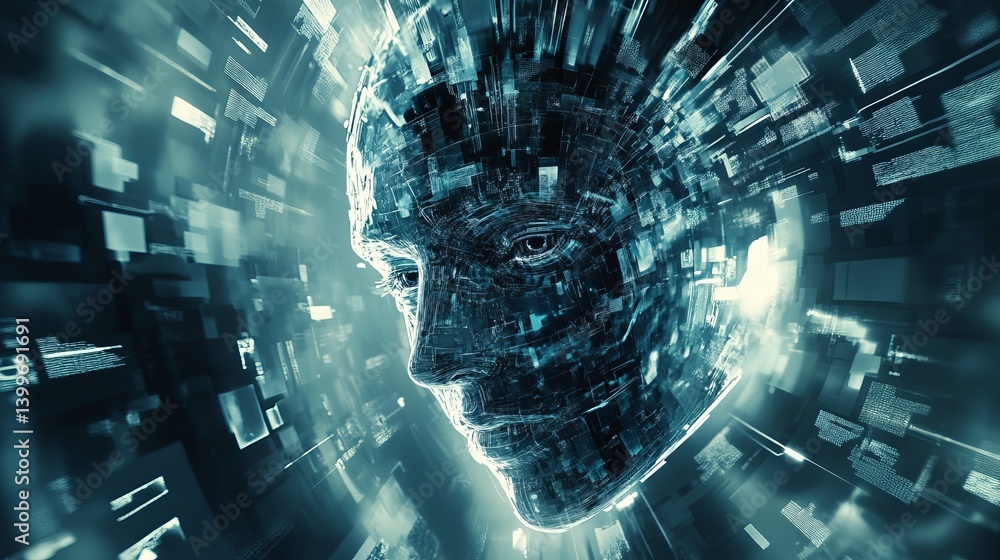 Aufkleber digital human face constructed from blocks and data floating in a technological environment