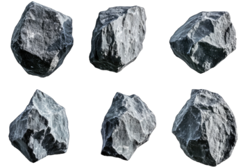 six distinct rocks each showcasing different shapes and textures emphasizing their natural forms and surfaces