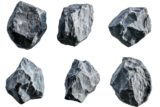 six distinct rocks each showcasing different shapes and textures emphasizing their natural forms and surfaces
