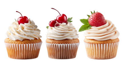 Three Isolated Cupcakes with White Cream Frosting Topped with Berries on Transparent Background