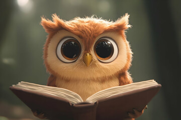 Cute baby owl reading a book in a forest setting