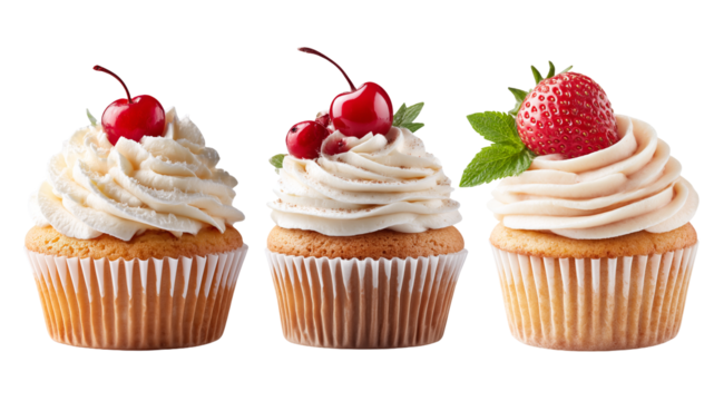 Three Isolated Cupcakes with White Cream Frosting Topped with Berries on Transparent Background