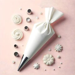 Neatly folded piping bag with steel nozzle used for icing shown isolated on clean pastel surface in kitchenware display