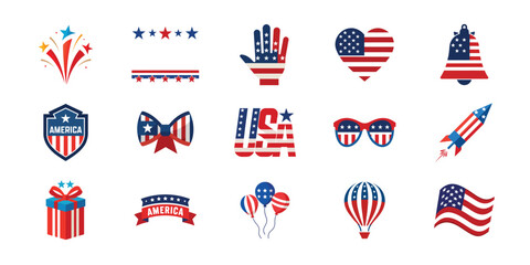 Fototapeta premium 4th July, American Independence Day design vector illustration set. Collection of graphic elements isolated on white background