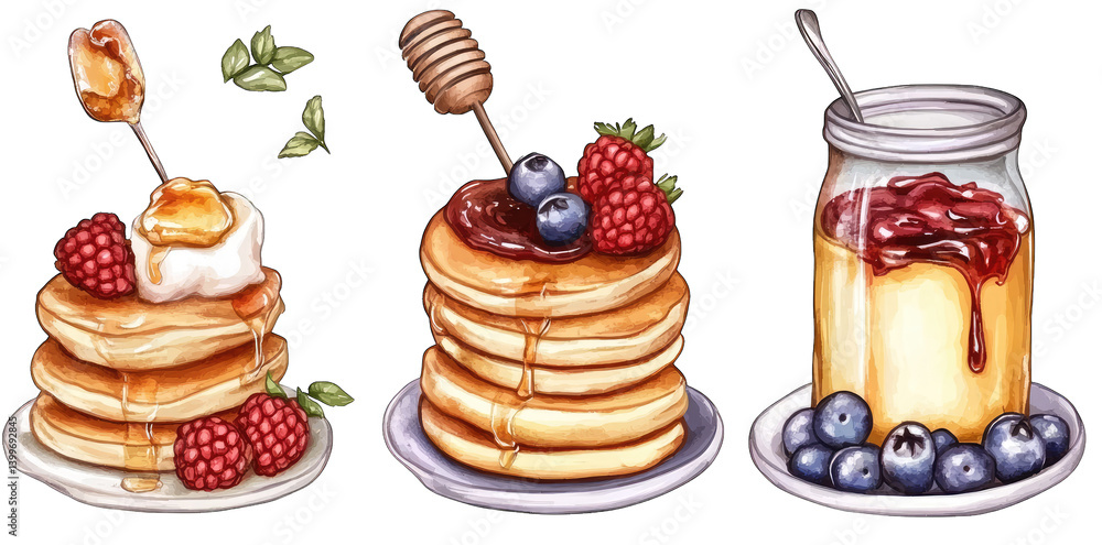 Poster three plates of pancakes topped with various ingredients one with honey and berries another with cho