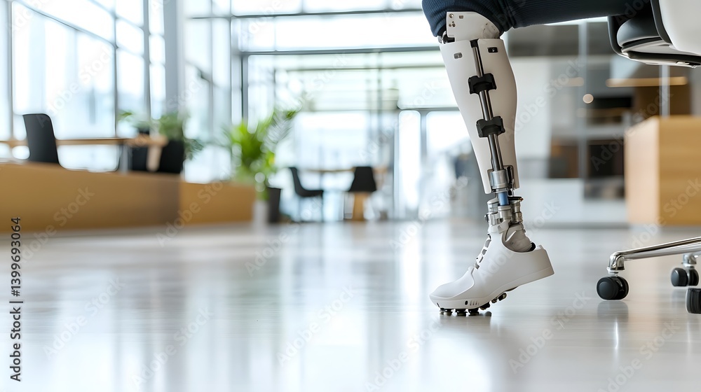 Poster a business professional with a high tech state of the art prosthetic leg confidently works in a dyna