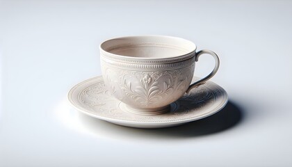 Embossed porcelain teacup and saucer with vintage-inspired form presented on clean background in refined heritage product style
