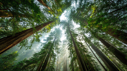 Verdant Cathedral of Soaring Trees Filtering Celestial Light