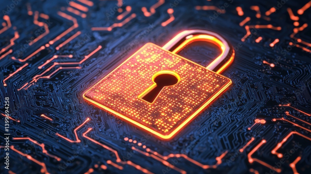 Poster cybersecurity action with digital lock technology concept futuristic environment high-resolution vie