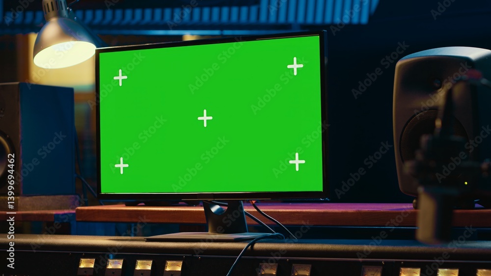 Aufkleber Sound designer editing and recording tracks with mixing console in control room, twisting knobs and pressing key buttons. Audio engineer producing music with greenscreen on monitor. Camera A.