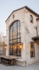 Fototapeta premium Luxury Home Exterior Dusk Modern Architectural Design Large Windows Patio