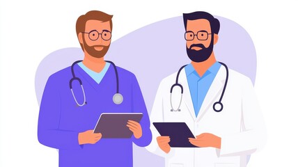 Fototapeta premium Healthcare professionals collaborating in a modern clinic setting digital interaction friendly environment