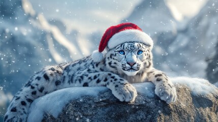 Snow leopard in santa hat winter landscape