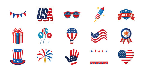 4th July, American Independence Day design vector illustration set. Collection of graphic elements isolated on white background