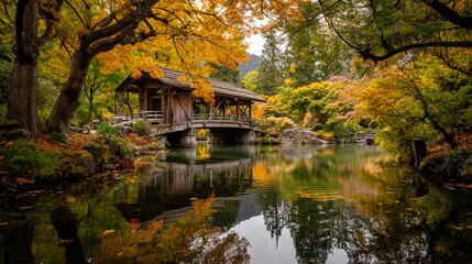 Fototapeta premium Serene Japanese Water Temple Amid Vibrant Autumn Foliage