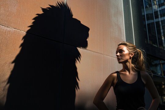 Frau mit L&ouml;wenschatten an Wand in urbaner Szene