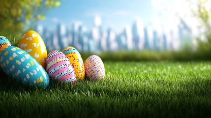 Colorful easter eggs nestled in a grassy field with a city backdrop.