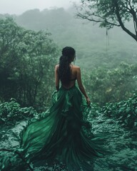 Fototapeta premium Frau in grünem Kleid blickt in den Dschungel