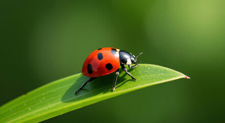 Naklejka premium Red ladybug with black spots crawling on green plant leaf under natural light. Beneficial insect for organic gardening promotion, pest control education and biodiversity awareness campaigns