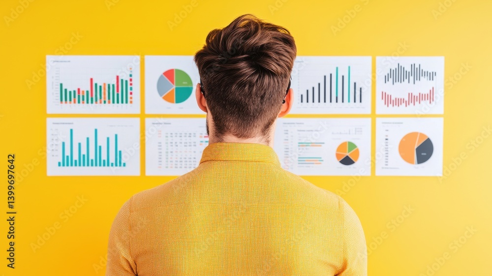 Poster analyzing business growth data office workspace infographics dynamic environment observational viewp
