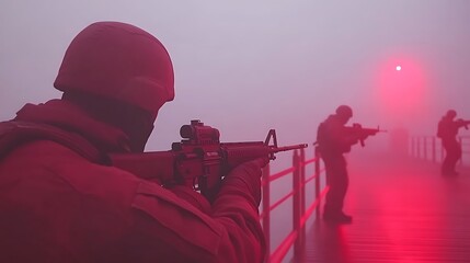 Military operation in foggy conditions.  Soldiers in red tactical gear, aiming with rifles, on a wooden platform,  illuminated by red light