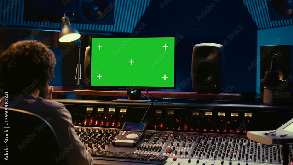 Poster Sound technician learns to mix and master tracks by watching tutorials on greenscreen pc, creating music for his album. Audio expert does track recording, pushing sliders and buttons. Camera B.