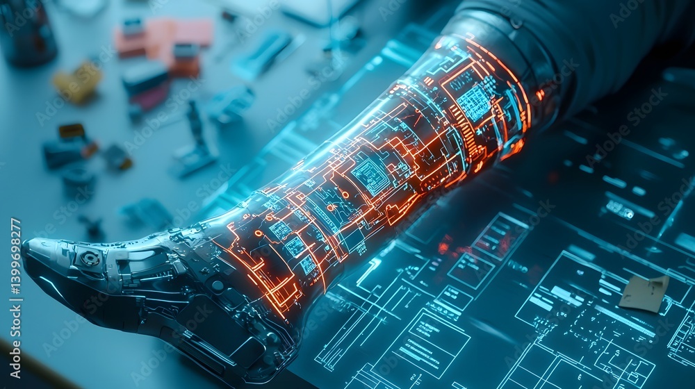 Poster cutting edge cyberpunk style prosthetic leg with neon illuminated circuits and advanced high tech de