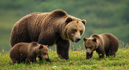 Mother brown bear with two cubs foraging in meadow with wildflowers. Family wildlife scene for animal conservation awareness, environmental protection and wildlife education campaigns