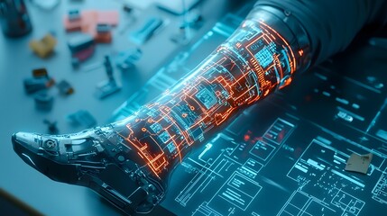 Cutting edge cyberpunk style prosthetic leg with neon illuminated circuits and advanced high tech design elements showcasing the future of bionic technology and medical innovations