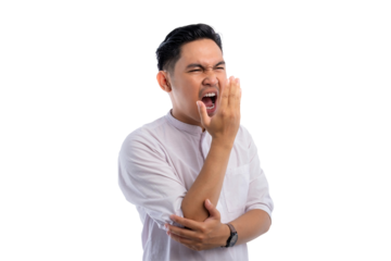 Handsome Asian Muslim man checking breath freshness isolated on transparent background