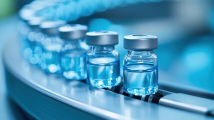 drug manufacturing plant, blue liquid in bottle
