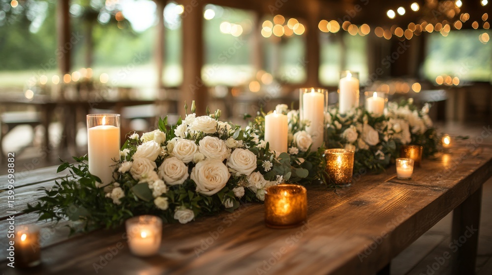 Poster soft candlelight illuminates a wooden table adorned with white roses and greenery, setting a romanti