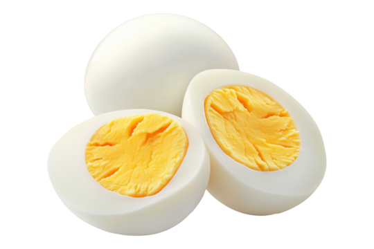Whole and sliced hard-boiled eggs with firm yolk isolated on white transparent background