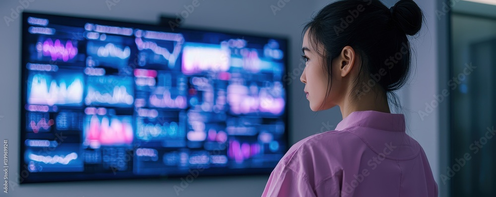 Poster analyzing market trends with data visualization office space digital display modern environment prof