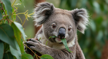 Koala eating eucalyptus leaf with attentive expression in natural habitat. Endangered marsupial for wildlife conservation education and forest habitat protection campaigns