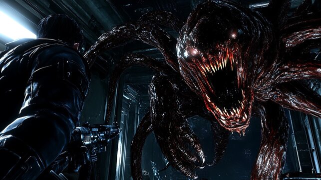 Dark monster,  human character,  horror game